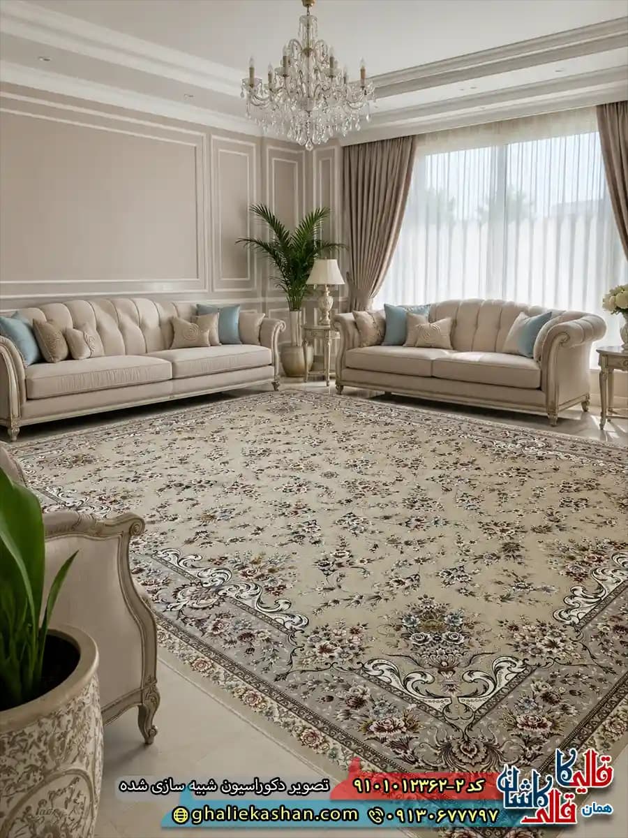 فرش کلاسیک 1200 شانه طرح افشان ماهرو رنگ بژ کاشان