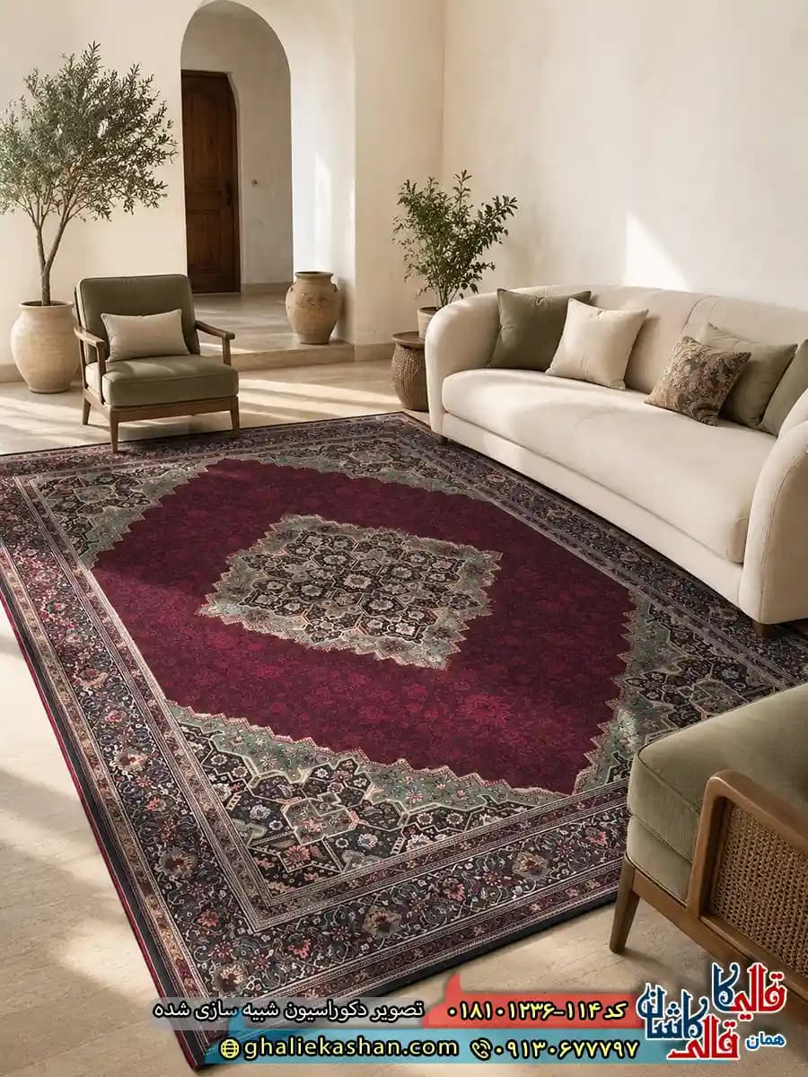 فرش کلاسیک 1200 شانه طرح هریس رنگ سرمه ای قرمز سبز کاشان — تصویر ۲