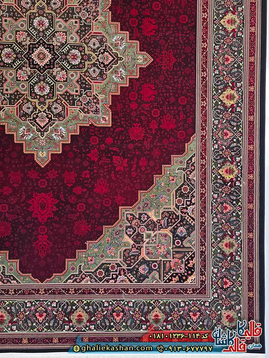 فرش کلاسیک 1200 شانه طرح هریس رنگ سرمه ای قرمز سبز کاشان — تصویر ۴