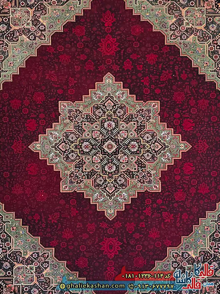 فرش کلاسیک 1200 شانه طرح هریس رنگ سرمه ای قرمز سبز کاشان — تصویر ۵