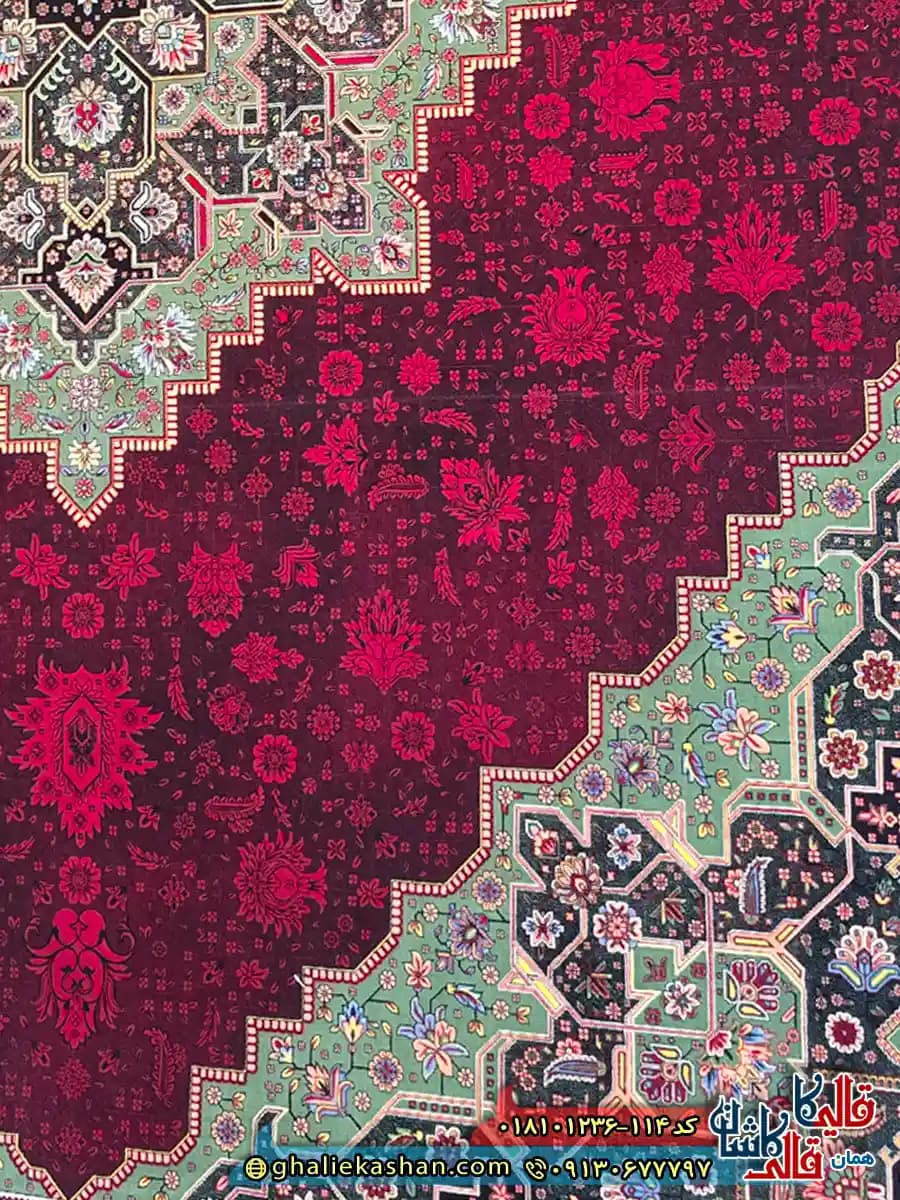 فرش کلاسیک 1200 شانه طرح هریس رنگ سرمه ای قرمز سبز کاشان — تصویر ۶