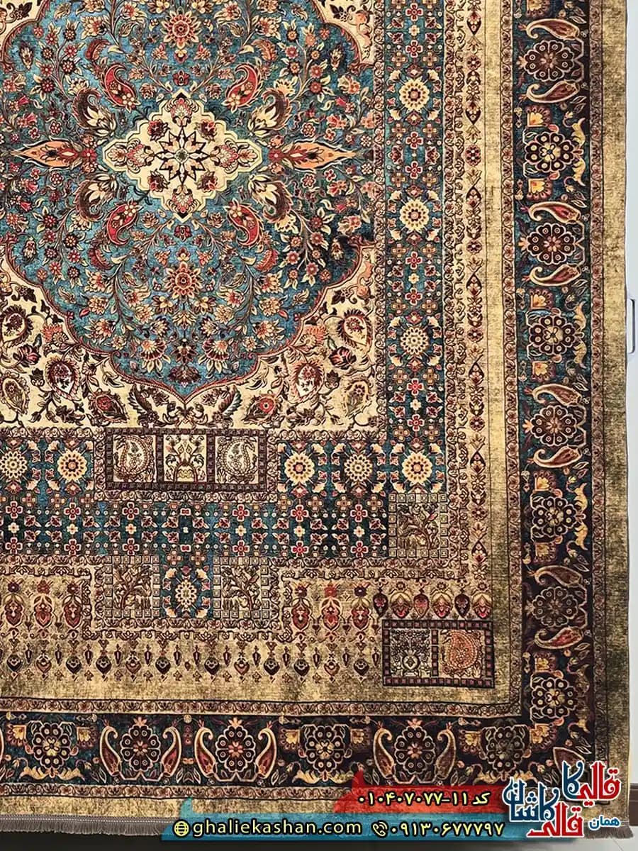 فرش کلاسیک 700 شانه طرح ترکان رنگ کرم آبی کاشان — تصویر ۴