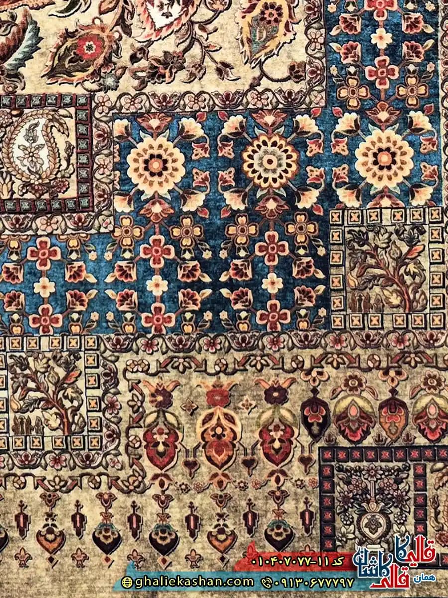 فرش کلاسیک 700 شانه طرح ترکان رنگ کرم آبی کاشان — تصویر ۶