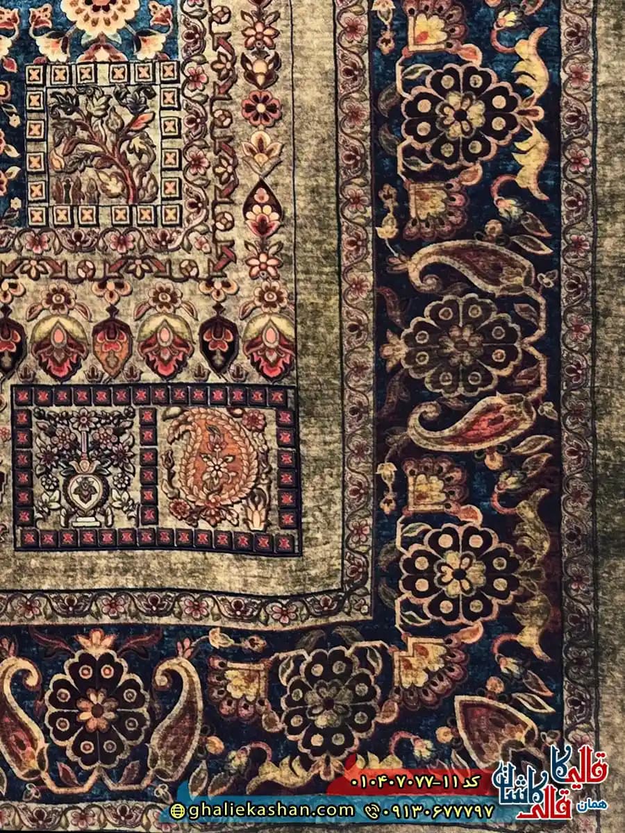 فرش کلاسیک 700 شانه طرح ترکان رنگ کرم آبی کاشان — تصویر ۷