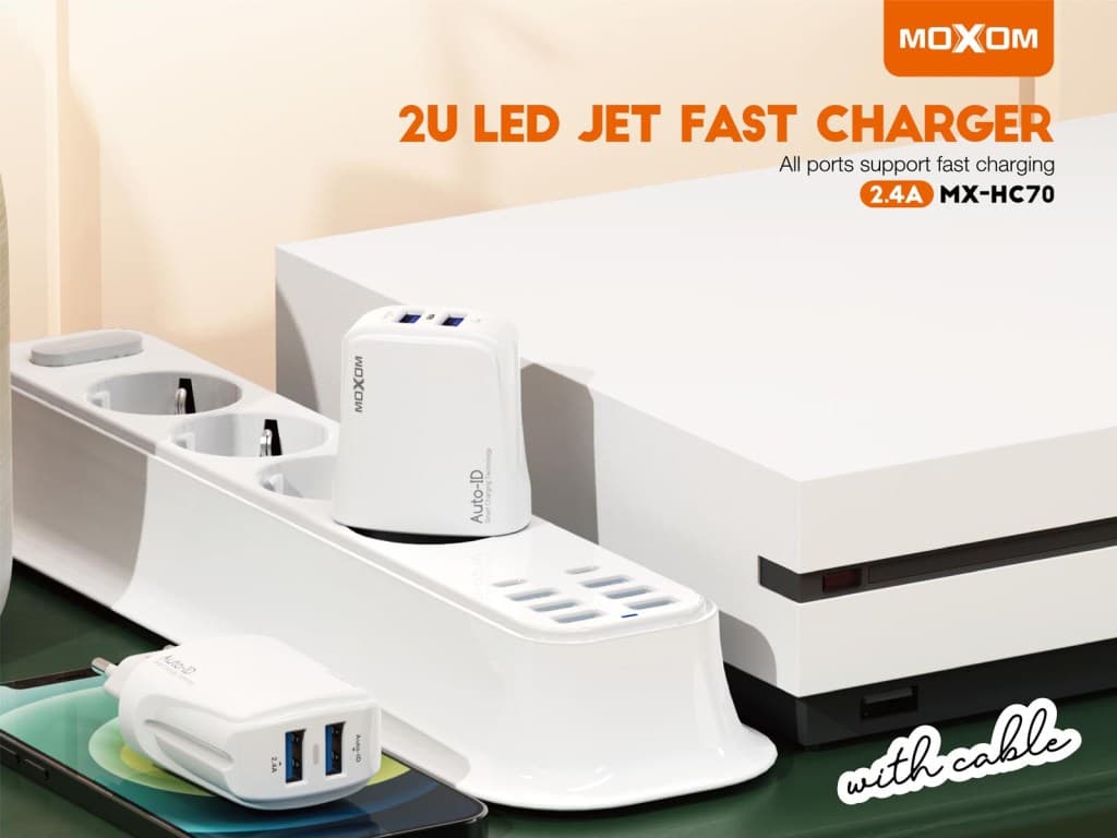 شارژر فست موکسوم دارای دو پورت و کابل میکرو Moxom mx-hc70 — تصویر ۳