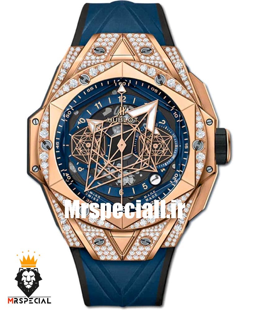 ساعت مچی مردانه هابلوت کهکشانی رزگلد فول نگین ابی 020546 Hublot Sang Bleu ll Diamonds