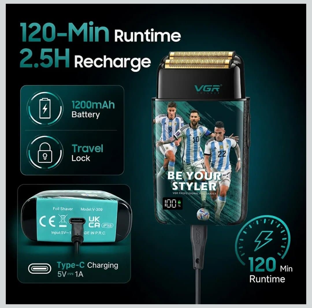 ماشین اصلاح و شیور حرفه‌ای وی‌جی‌آر (VGR) مدل V-309 نسخه ویژه آرژانتین AFA | اصل و اورجینال VGR Professional Foil Shaver V-309 — تصویر ۴