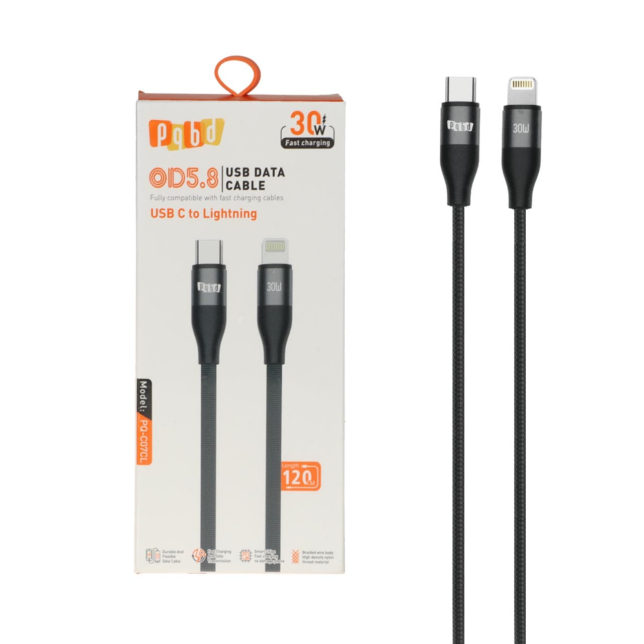 کابل شارژ فست 1.2 متری pqbd Type-C To Lightning مدل PQ-C07CL 30W – مشکی