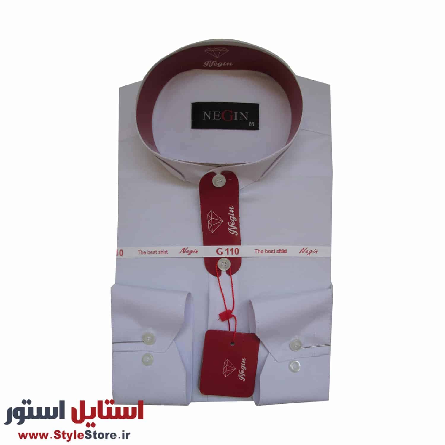 پیراهن مردانه یقه دیپلمات نگین رنگ سفید (اوت لت) — تصویر ۲