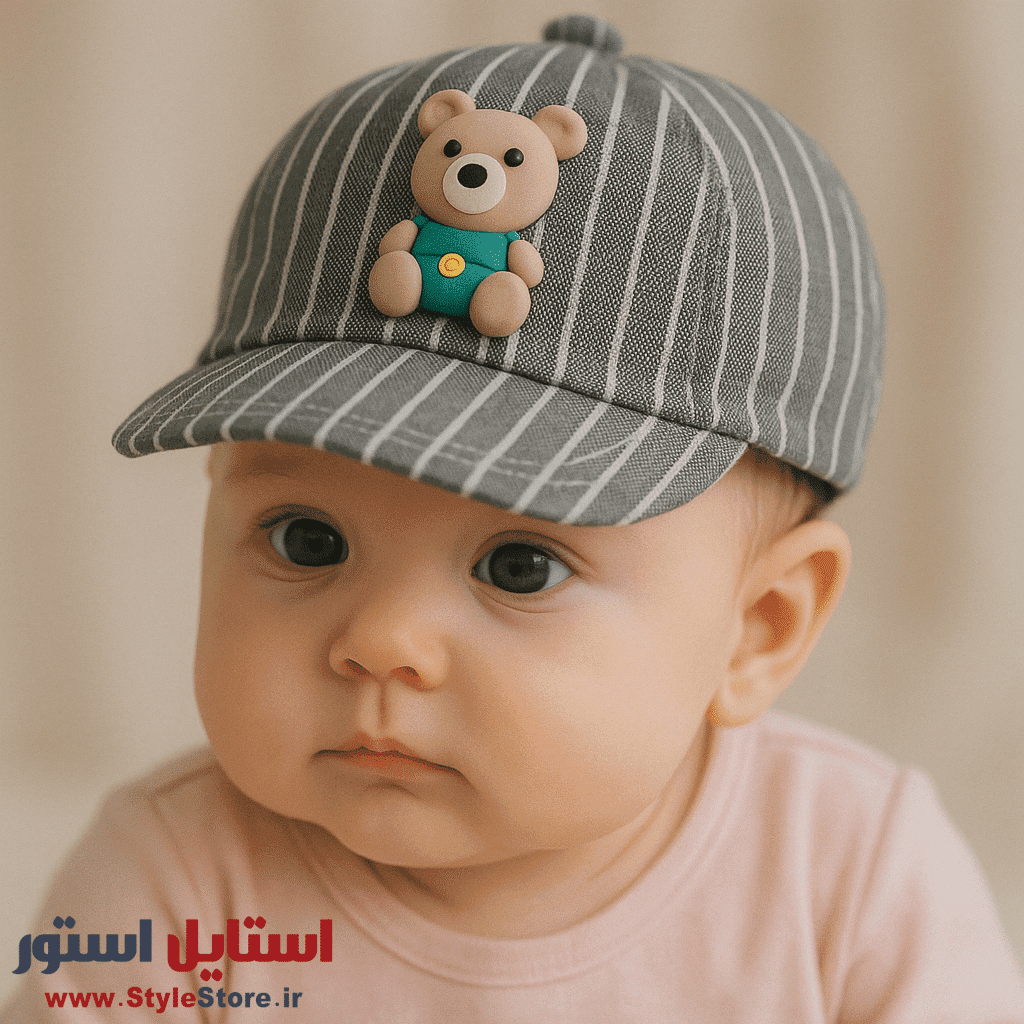کلاه نوزادی مدل خرس راه راه کد 1945 رنگ خاکستری