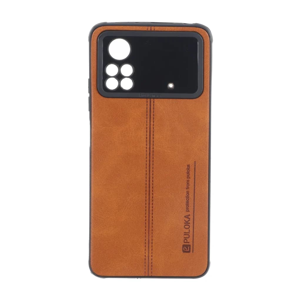 قاب Puloka طرح چرم دوخت دار محافظ لنزدار Xiaomi Poco X4 Pro – قهوه ای — تصویر ۲