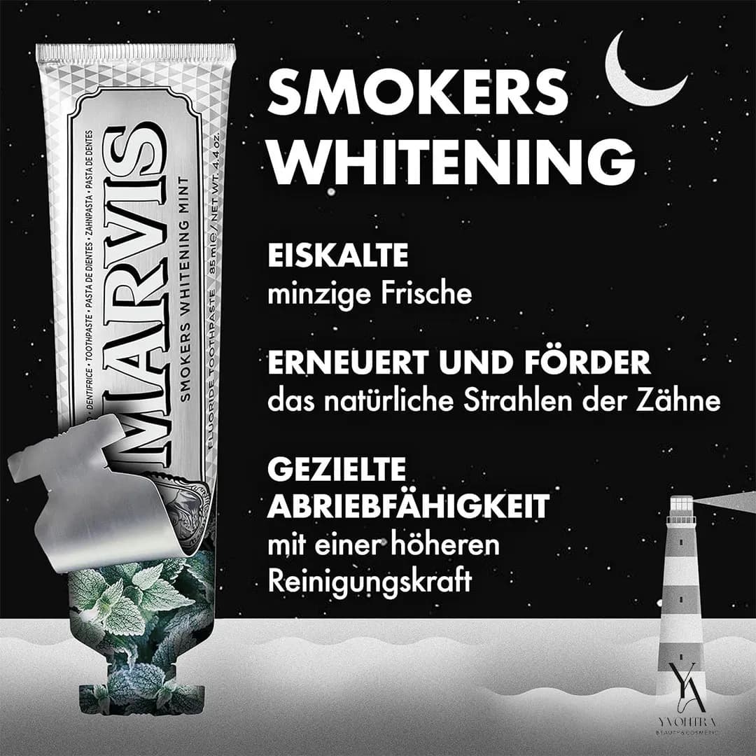 خمیردندان سفیدکننده مخصوص افراد سیگاری مارویس MARVIS مدلSmokers Whitening Mint حجم 85 میل — تصویر ۵