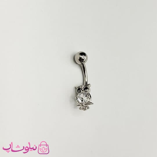 پیرسینگ ناف مدل جغد استیل با نگین سفید و مشکی کد 269