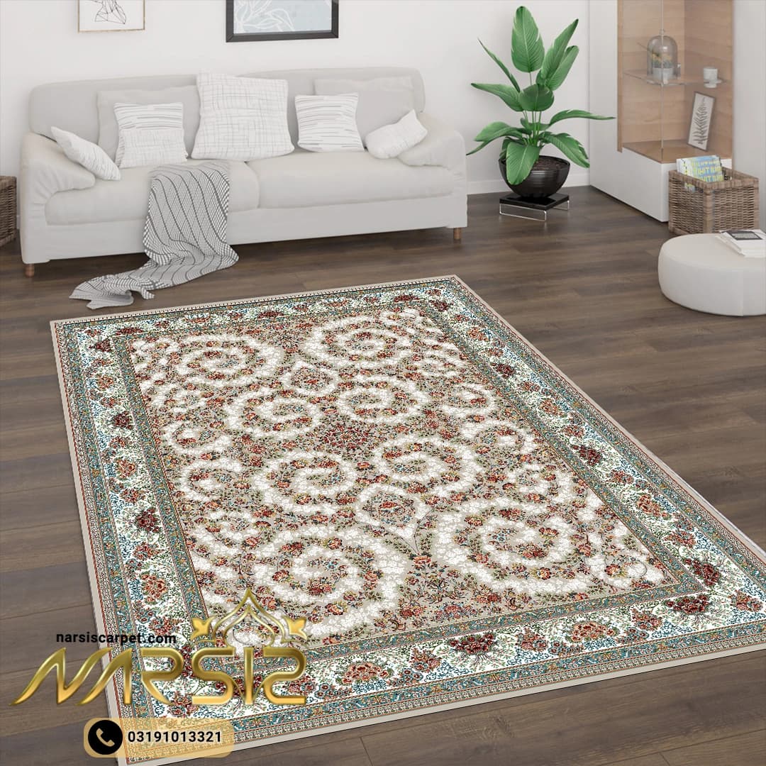 فرشینه فرش افشان طرح گلایل رنگ بژ کد 90144 — تصویر ۲