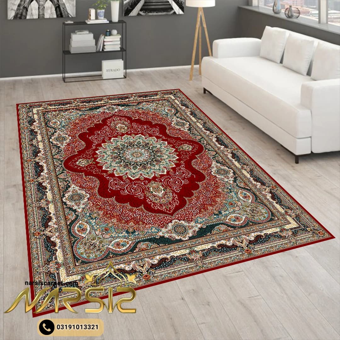 فرشینه فرش طرح گلین رنگ لاکی کد 90142 — تصویر ۲