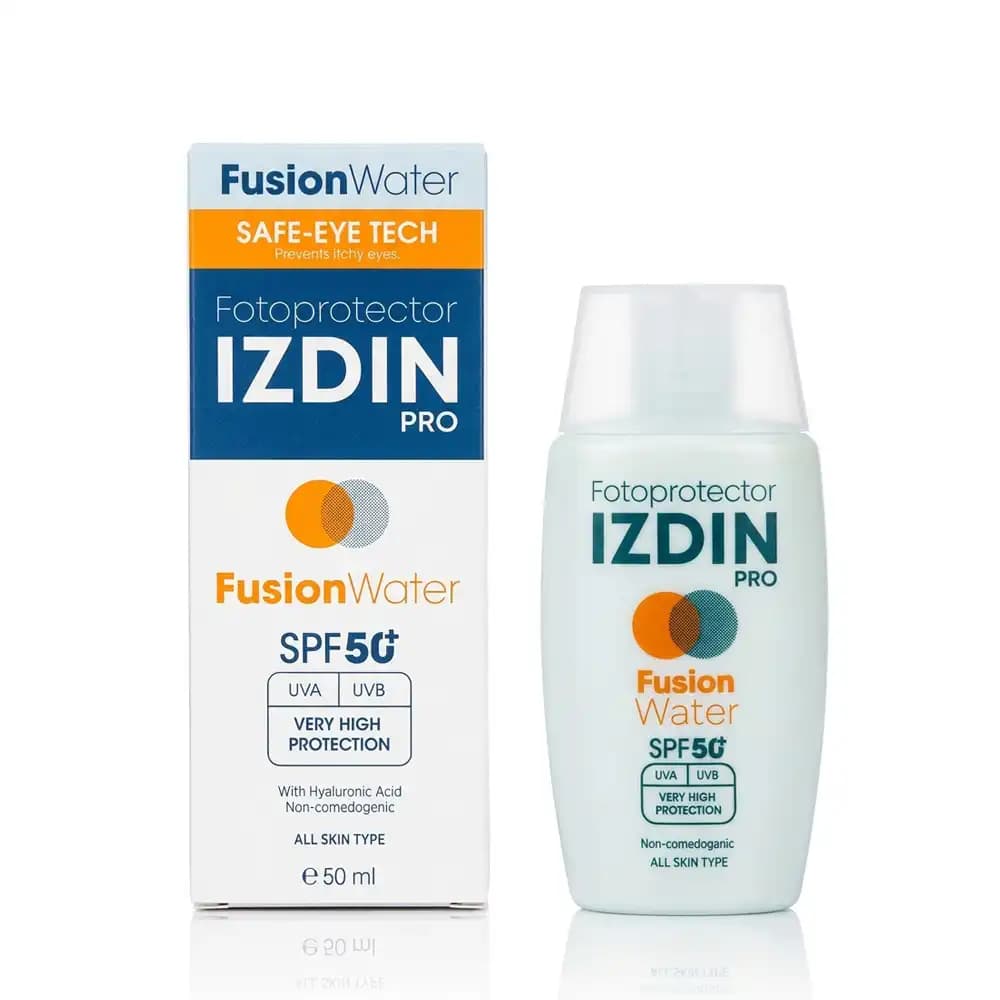 ضدآفتاب SPF50 فیوژن واتر ایزدین پرو (IZDIN PRO) بی‌رنگ انواع پوست حجم ۵۰ میلی لیتری