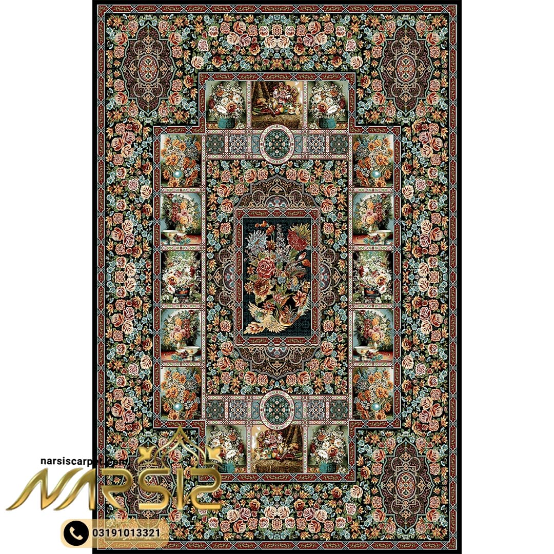 فرشینه فرش طرح باغ ارم رنگ زمینه سرمه ای کد 90130