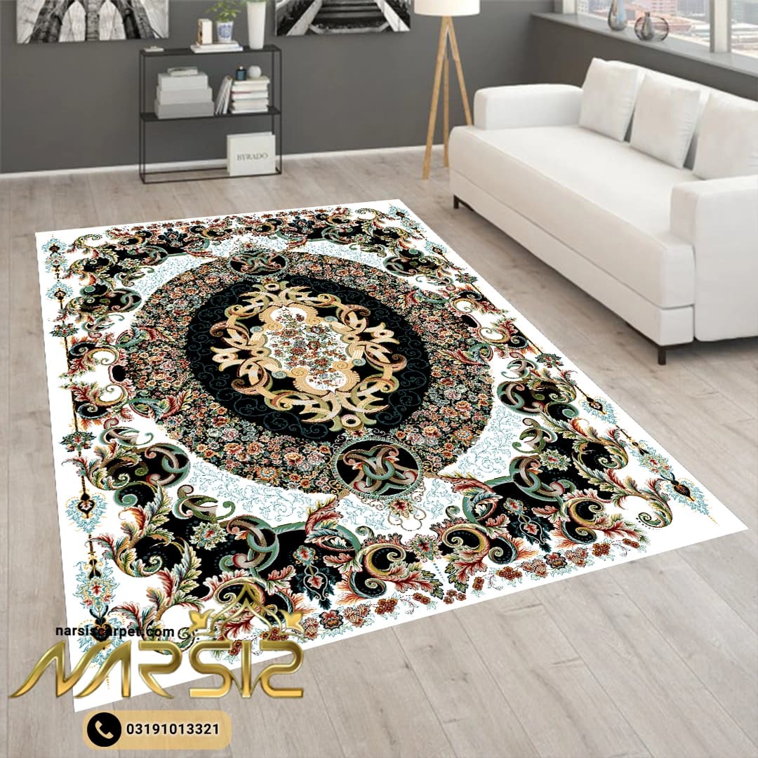 فرشینه فرش طرح ویولت رنگ کرم کد 90129 — تصویر ۲