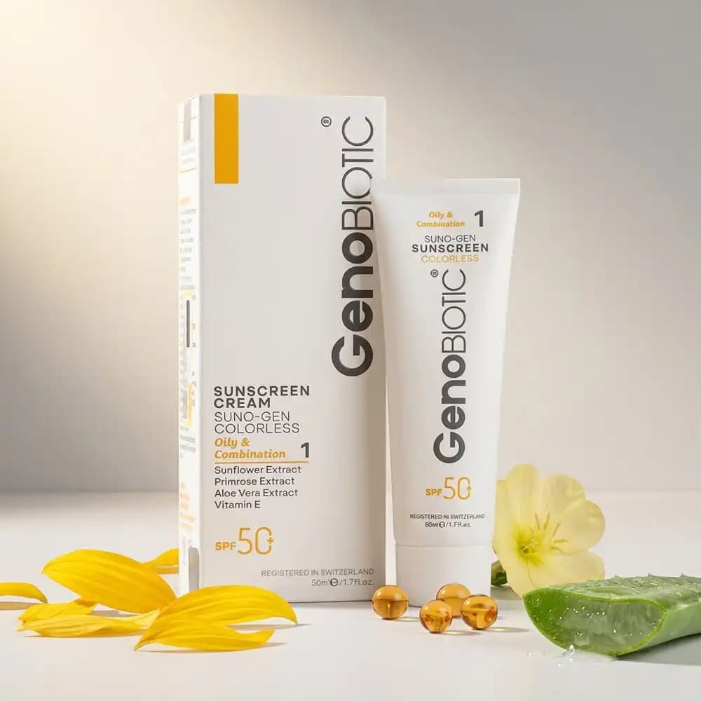 کرم ضدآفتاب SPF50 بی‌رنگ ژنوبایوتیک (GenoBiotic) کد ۱ – مناسب پوست‌ چرب و مختلط حجم 50 میلی لیتری — تصویر ۳