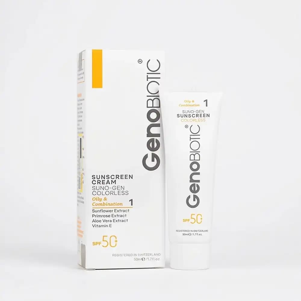 کرم ضدآفتاب SPF50 بی‌رنگ ژنوبایوتیک (GenoBiotic) کد ۱ – مناسب پوست‌ چرب و مختلط حجم 50 میلی لیتری