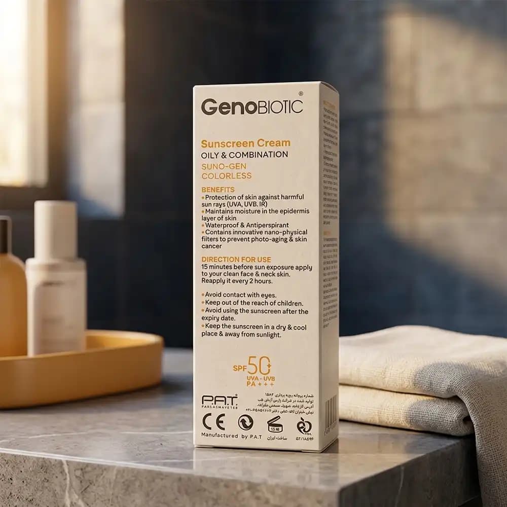 کرم ضدآفتاب SPF50 بی‌رنگ ژنوبایوتیک (GenoBiotic) کد ۱ – مناسب پوست‌ چرب و مختلط حجم 50 میلی لیتری — تصویر ۲