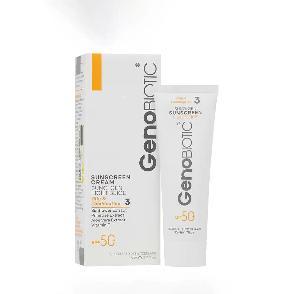 کرم ضدآفتاب SPF50 بی‌رنگ ژنوبایوتیک (GenoBiotic) کد ۱ – مناسب پوست‌ چرب و مختلط حجم 50 میلی لیتری — تصویر ۸