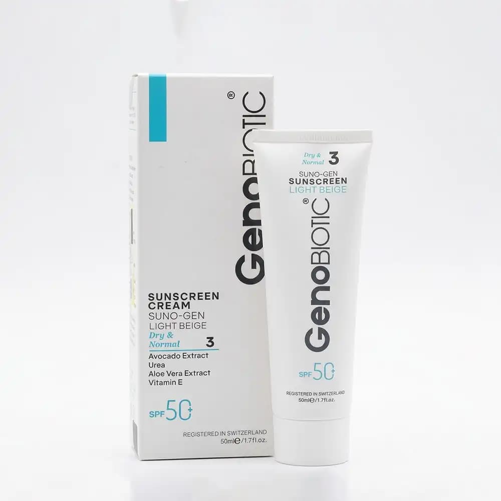 کرم ضدآفتاب SPF50 رنگی ژنوبایوتیک (GenoBiotic) رنگ بژ روشن کد ۳ – مناسب پوست‌ خشک و نرمال حجم 50 میلی لیتری