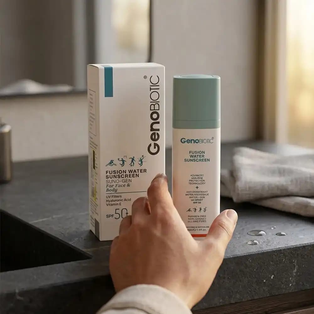 ضدآفتاب SPF50 فیوژن واتر ژنوبایوتیک (GenoBiotic) مدل Suno-Gen مناسب صورت و بدن حجم 30 میلی لیتری — تصویر ۳