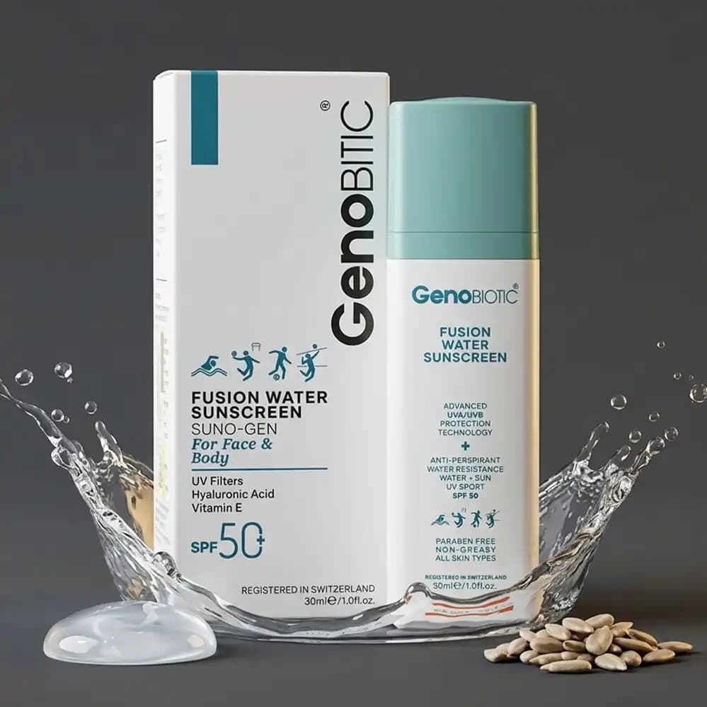 ضدآفتاب SPF50 فیوژن واتر ژنوبایوتیک (GenoBiotic) مدل Suno-Gen مناسب صورت و بدن حجم 30 میلی لیتری — تصویر ۴