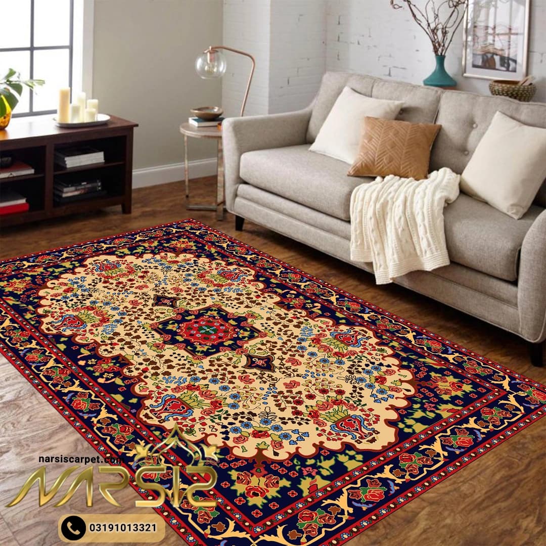 فرشینه مدرن طرح باغ گل رنگ کرم و قرمز کد 8091
