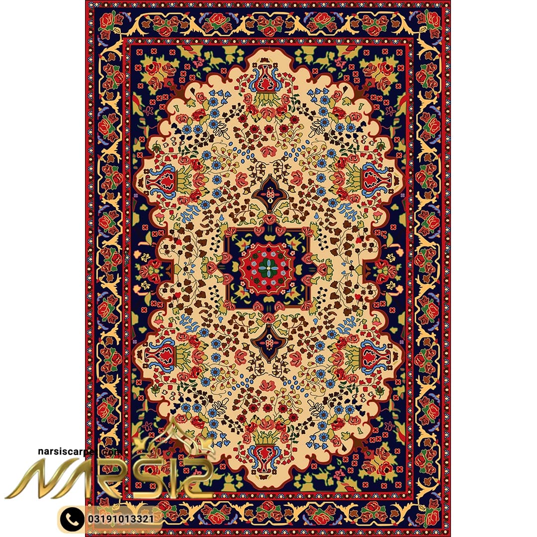 فرشینه مدرن طرح باغ گل رنگ کرم و قرمز کد 8091 — تصویر ۲