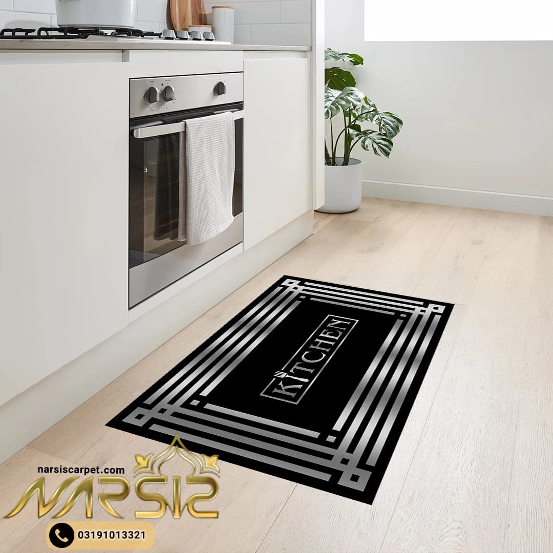 فرشینه آشپزخانه طرح کیچن نقره ای و مشکی کد 70277 — تصویر ۲