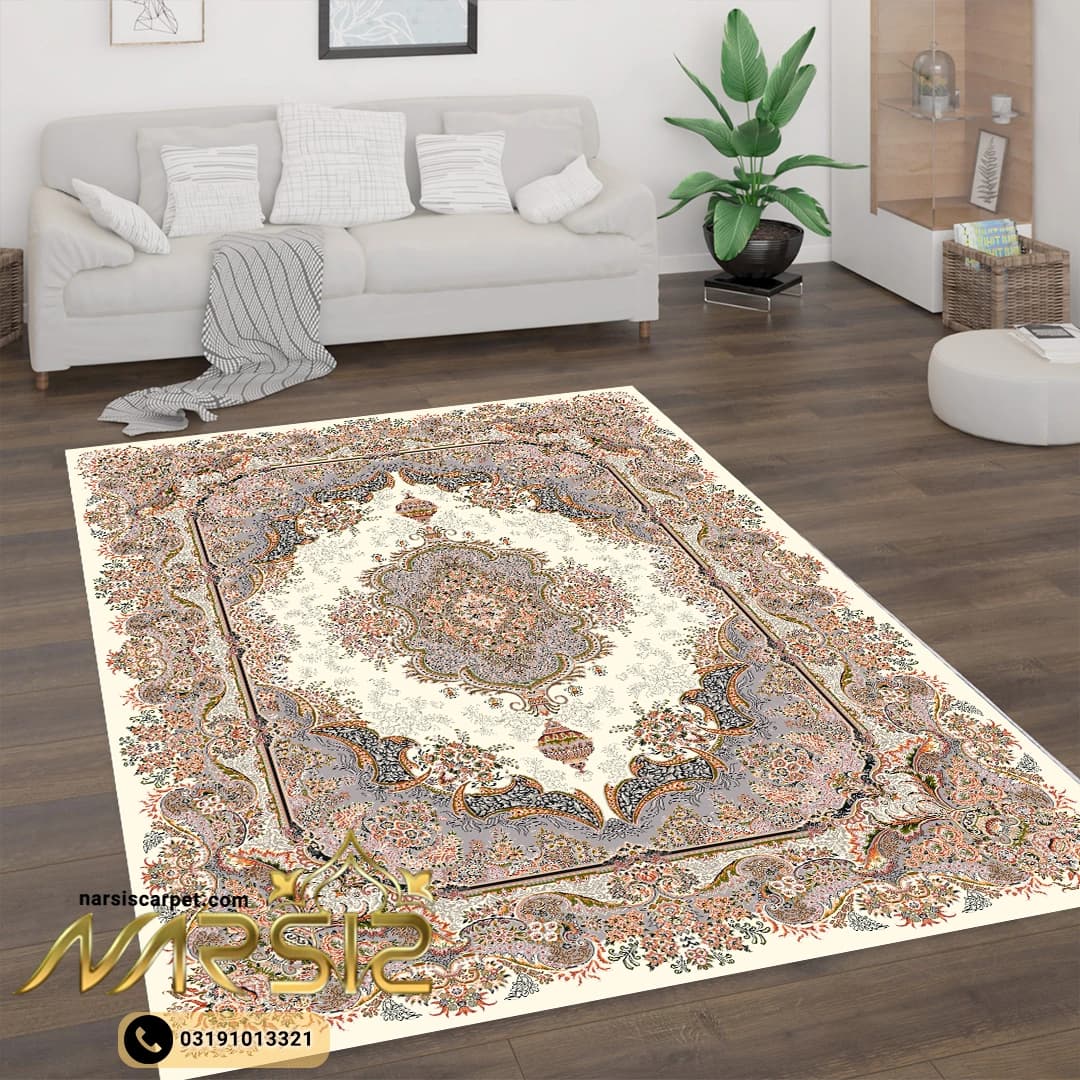 فرشینه فرش طرح نسترن رنگ کرم کد 90128 — تصویر ۲