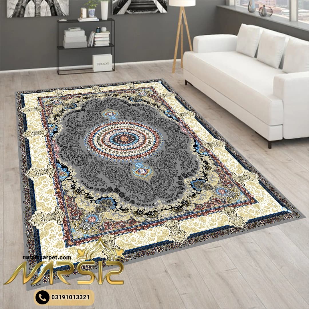 فرشینه فرش طرح ماهرو رنگ طوسی کد 90104 — تصویر ۲