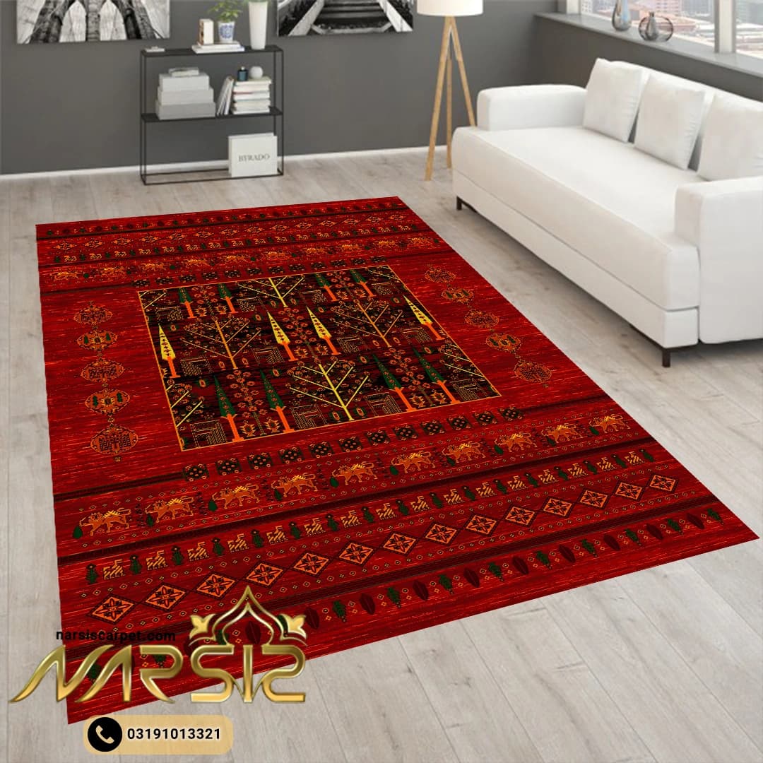فرشینه ترکمن طرح باغچه رنگ قرمز کد 10 — تصویر ۲