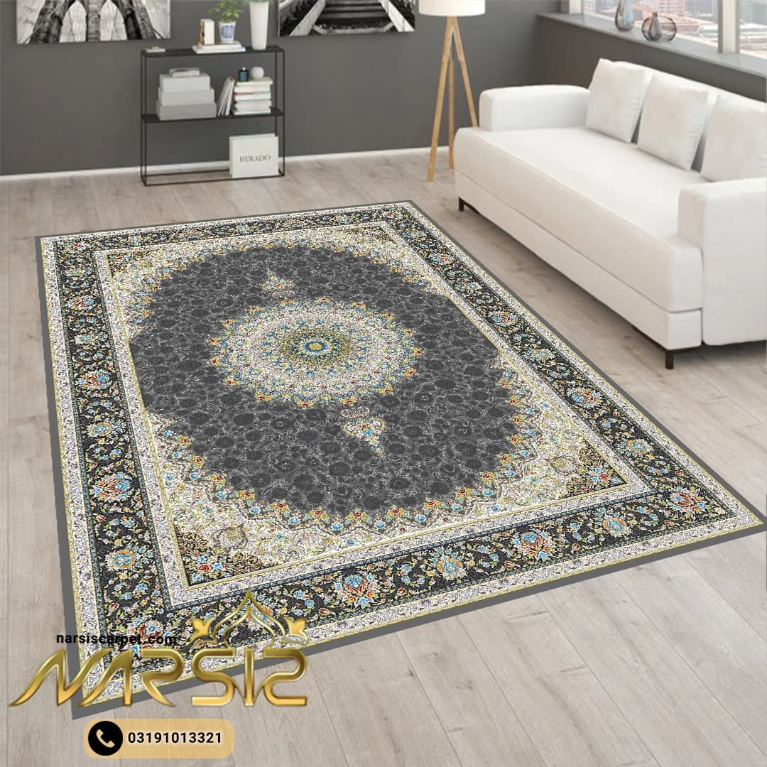 فرشینه فرش طرح ثمین رنگ طوسی کد 9088 — تصویر ۲
