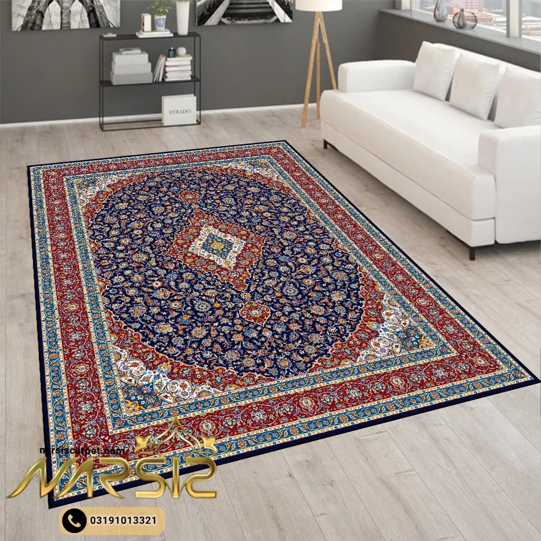 فرشینه فرش طرح کاشان رنگ سرمه ای کد 9087 — تصویر ۲