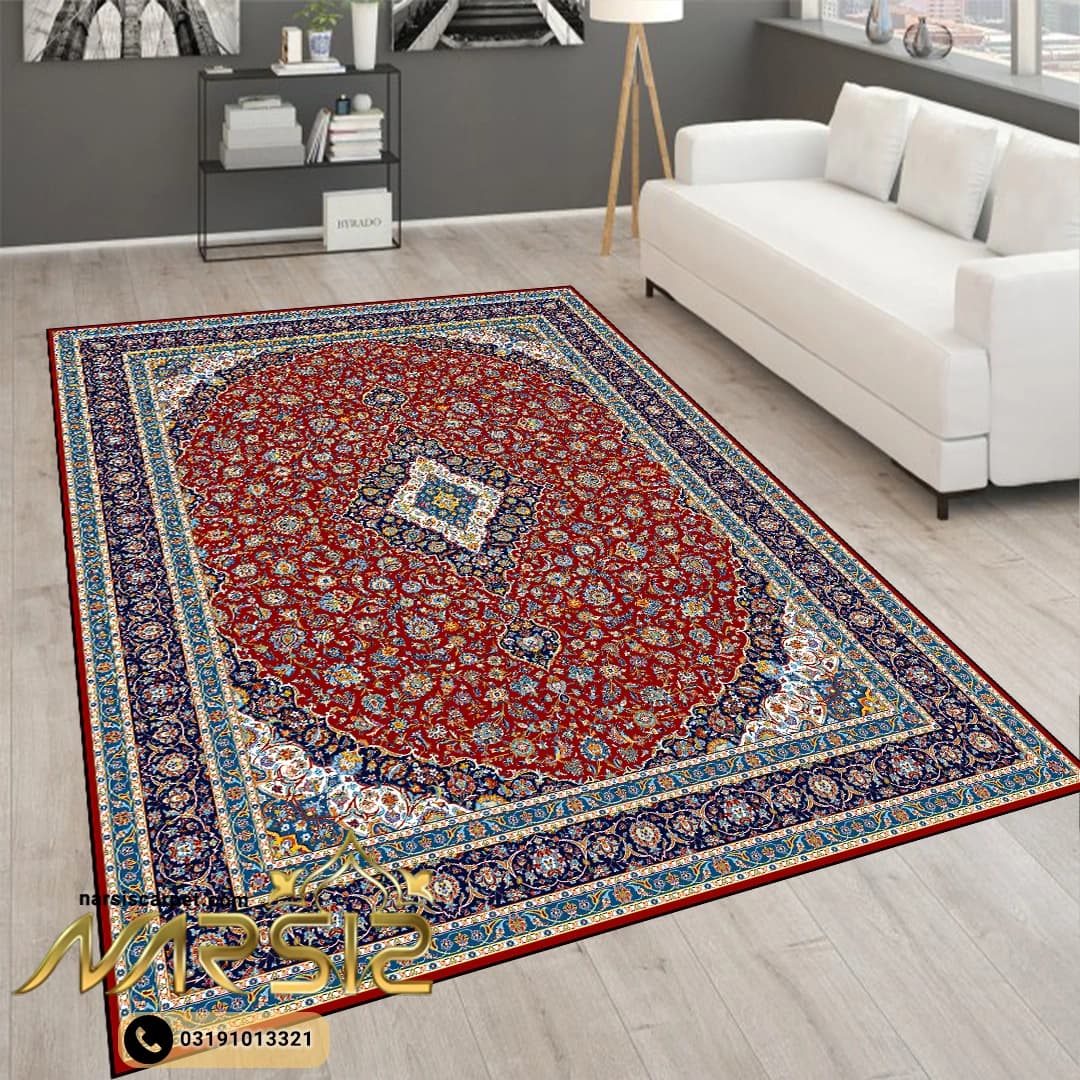 فرشینه فرش طرح کاشان رنگ لاکی کد 9086 — تصویر ۲