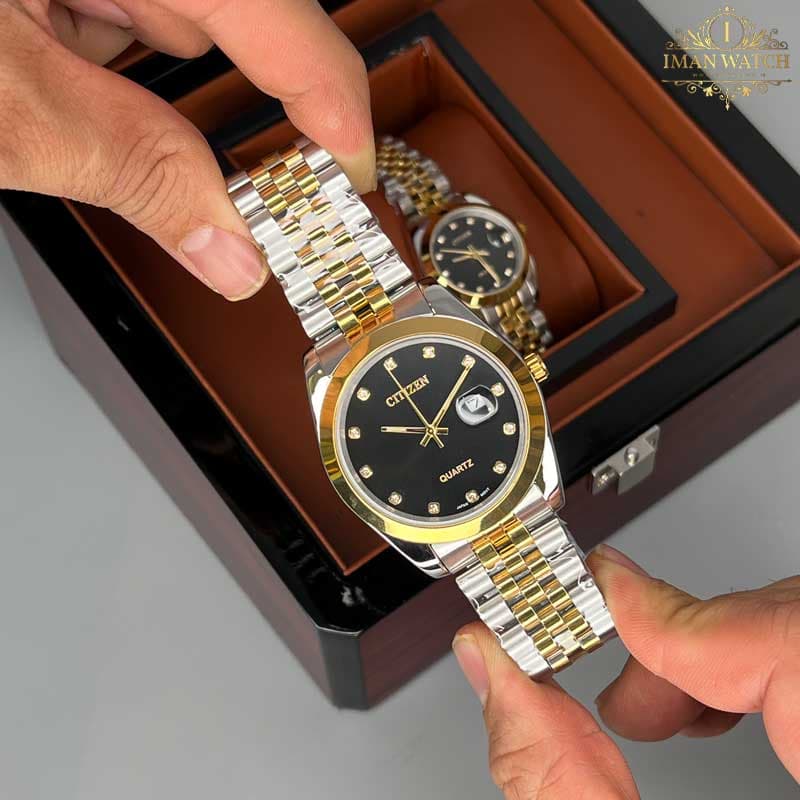 ساعت مچی ست سیتیزن طلایی نقره ای صفحه مشکی Citizen 5560 — تصویر ۴