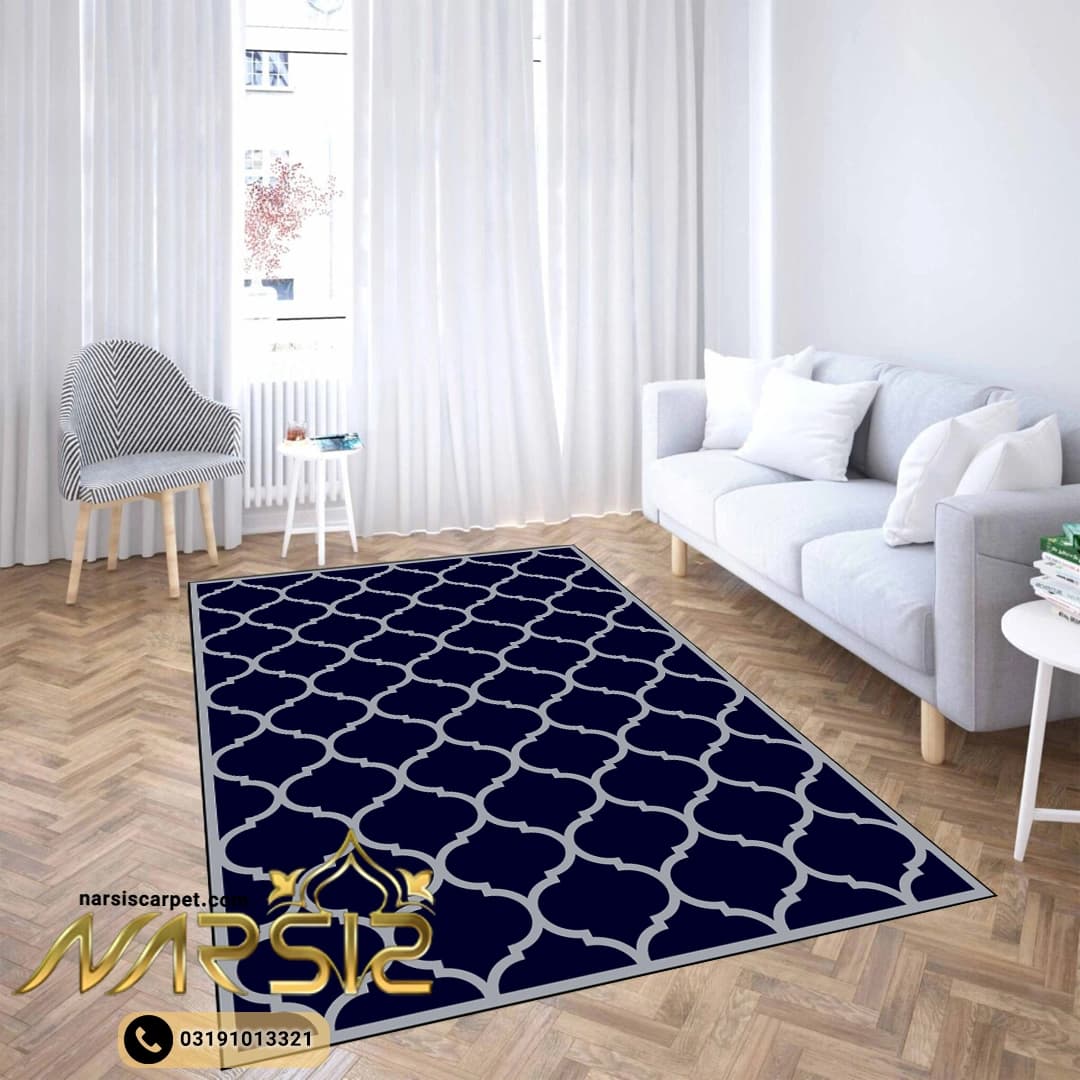 فرشینه مدرن طرح مراکشی رنگ سرمه ای و طوسی کد 8046 — تصویر ۲