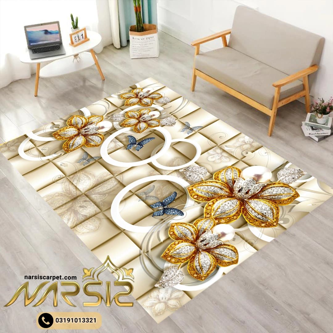 فرشینه اتاق خواب طرح گل و پروانه روی زمینه سه بعدی کد 8064 — تصویر ۲
