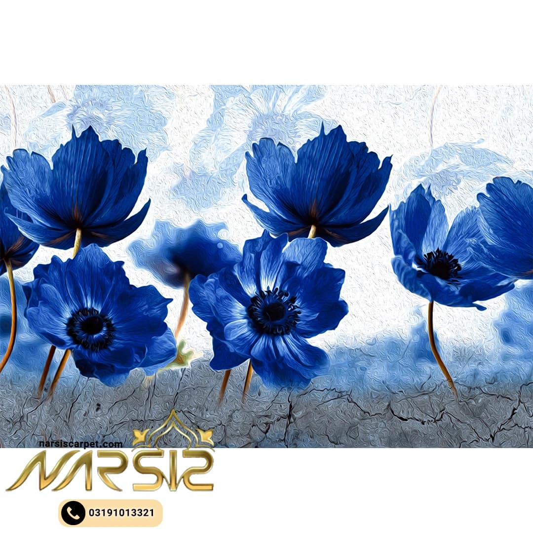 فرشینه اتاق خواب طرح گل های آبی رنگ کد 8062
