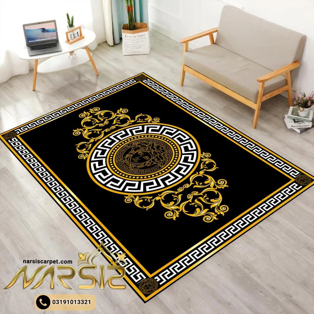 فرشینه اتاق خواب طرح ورساچ مشکی و طلایی کد 8057 — تصویر ۲
