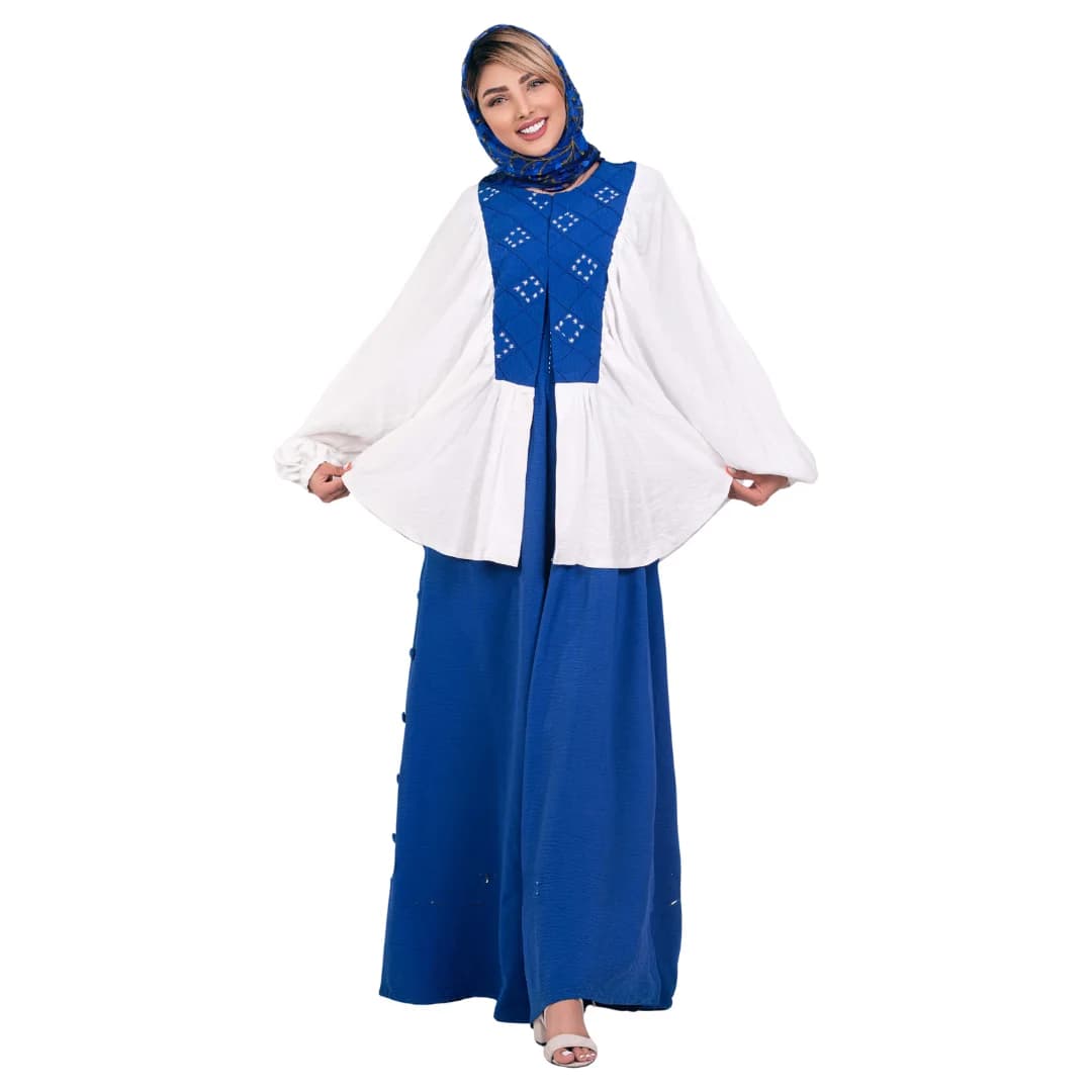 ست تونیک و سرهمی زنانه گره استایل مدل دنیز رنگ آبی کاربنی و سفید