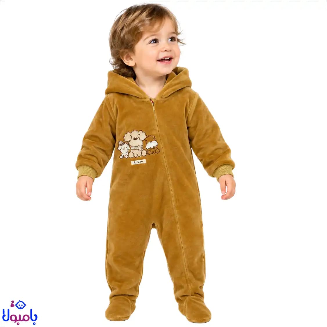 سرهمی کلاه دار پاییزه مخمل مدل جوراب دار کرمی رایان 0تا9ماهگی