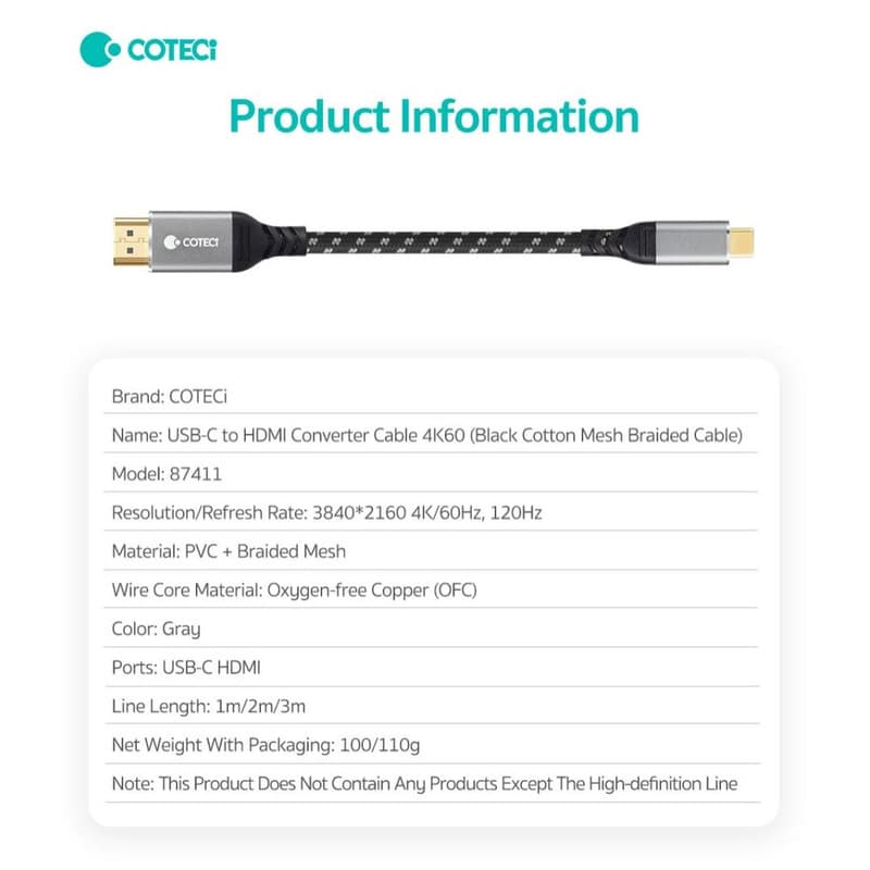 کابل تبدیل HDMI به USB-C کوتسی مدل 87411 طول 2 متر — تصویر ۶