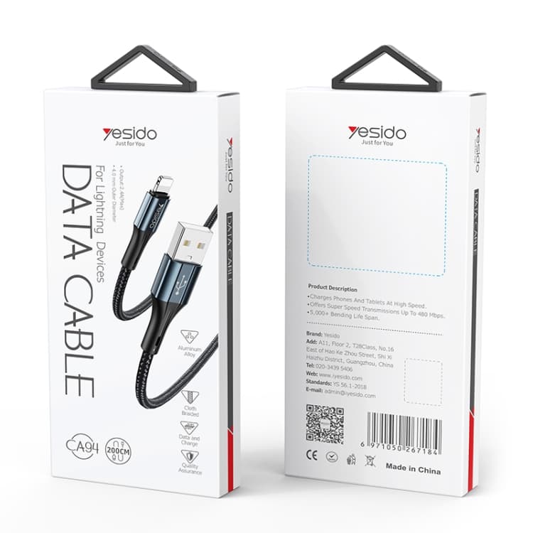 کابل USB به Lightning یسیدو YESIDO CA94 طول 2 متر 2.4 آمپر — تصویر ۲
