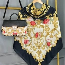 ست کیف و روسری (شال) طرح رز فرفوژه مشکی طلایی روسری نخی قواره بزرگ قواره 130 — تصویر ۲