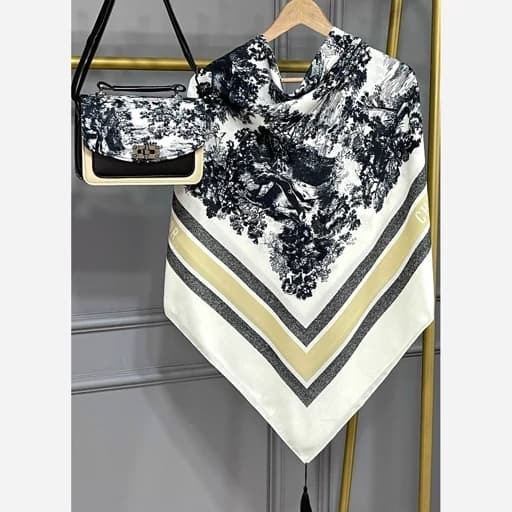 ست کیف و روسری (شال) طرح جنگلی مشکی کرم روسری نخی قواره 130