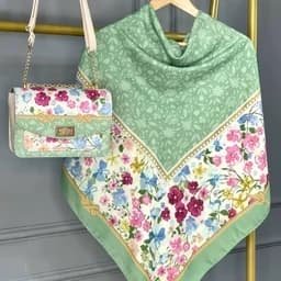 ست کیف و روسری (شال) در5رنگ طرح آنام سبز برند مونتلا- روسری نخی قواره 130 — تصویر ۲